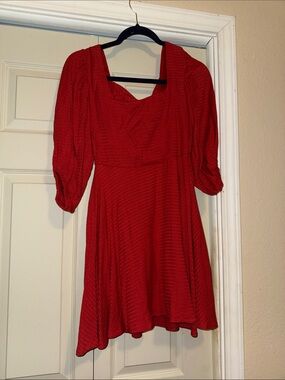 Red Mini Dress with Puff Sleeves - Women's